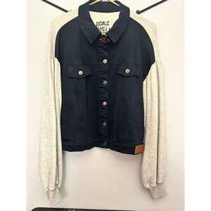 Peace Love World Mixed Media Jacket Black Denim Heather Grey Balloon Sleeve L